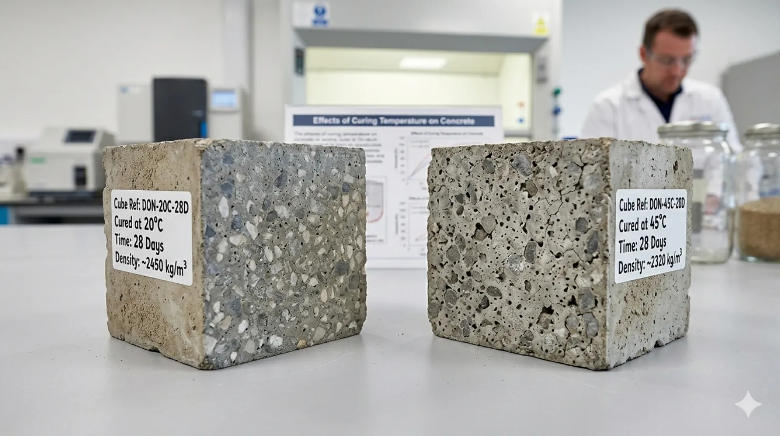 Two concrete test cubes cut in half showing the effect of curing at 20°C versus 45°C