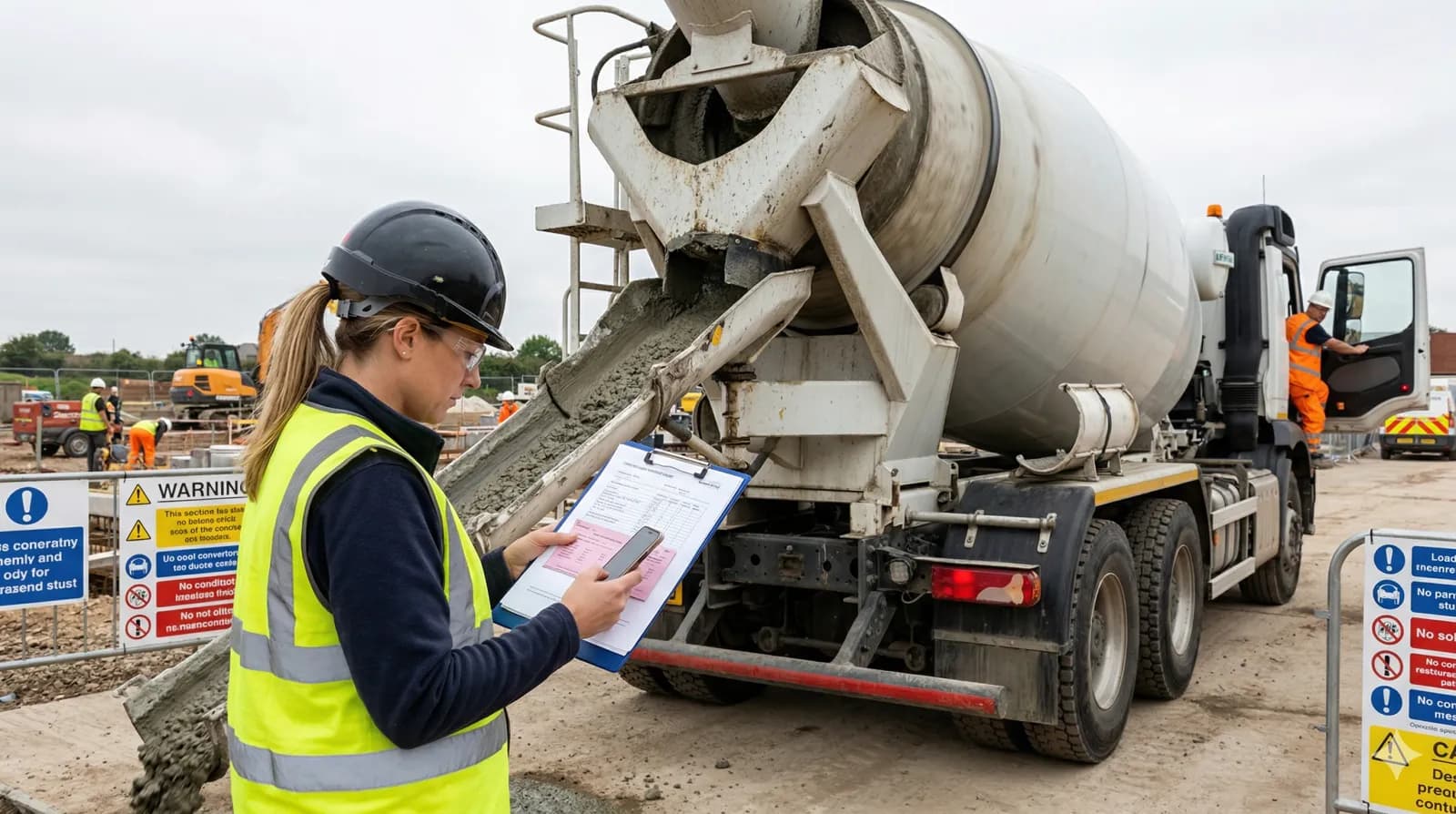 Site engineer checking a delivery ticket against specification at a ready-mix truck