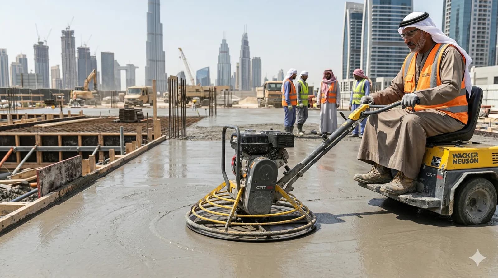 Power-floating a concrete slab on a Dubai construction site