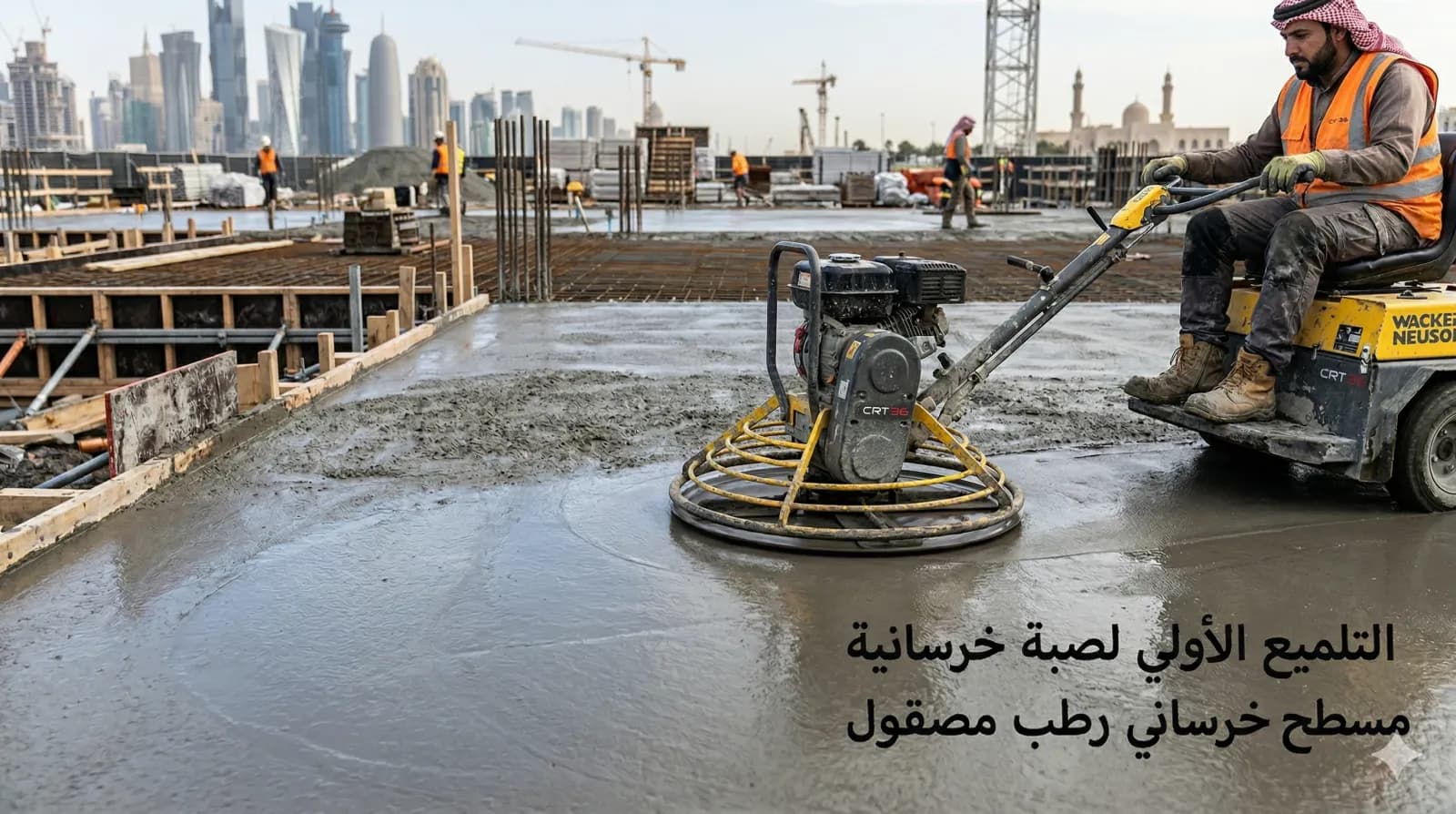 Power-floating wet concrete on a Gulf construction site