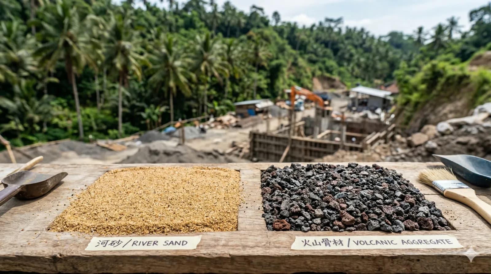 River sand and volcanic aggregate samples side by side at an Indonesian quarry