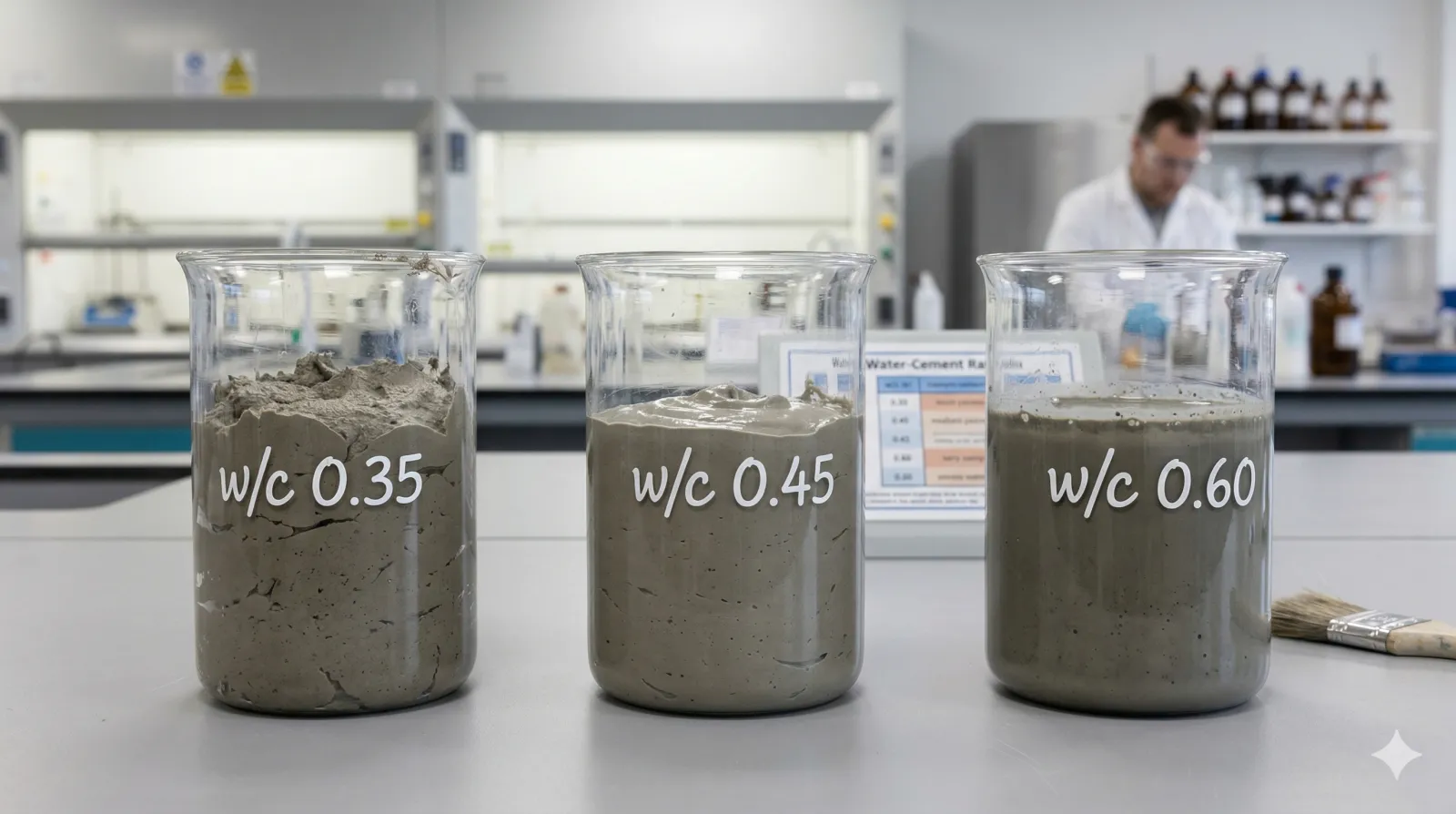 Three beakers showing concrete paste at w/c ratios of 0.35, 0.45, and 0.60